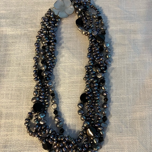 Chic Multi-Strand Fresh Water Pearls.Deep Purple hues with Floral Clasp Necklace - Picture 1 of 4